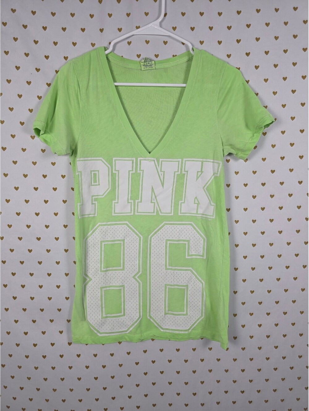 Victorias Secret PINK Vintage V neck Logo 86 Green tee shirt Y2k Medium